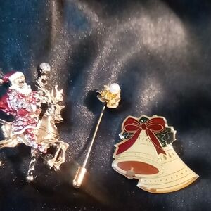 Festive Vintage Christmas Brooch Set with Santa and Bell & Flower With Pearl